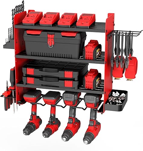 ZEAKOC Estante de almacenamiento de acero al carbono, estante de herramientas resistente de 4 capas, 4 estantes de taladro inalámbricos, montaje en
