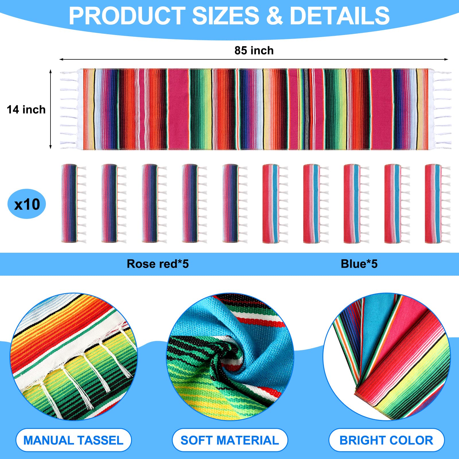 6 Pack Mexican Table Runners 14" X 84" Rainbow Colors Large Boho Mexican Theme Party Decoration Cinco De Mayo Fiesta Serape Runner 14 84 - View #7