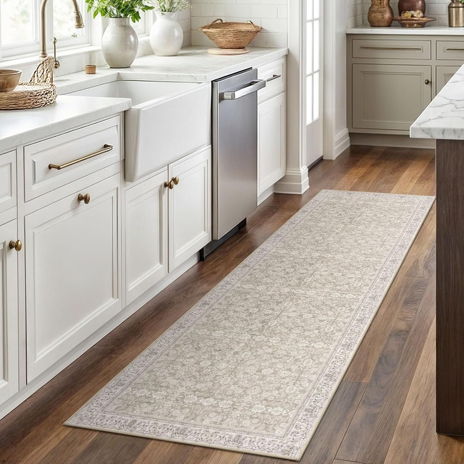 SIILOOM 2x6 Washable Runner Rug for Hallways, Cream Beige Yellow White Grey Soft Neutral Vintage Kitchen Rugs with Non-Slip, Non-Shedding Distressed Floral Rug for Bedroom Porch Laundry Entryway