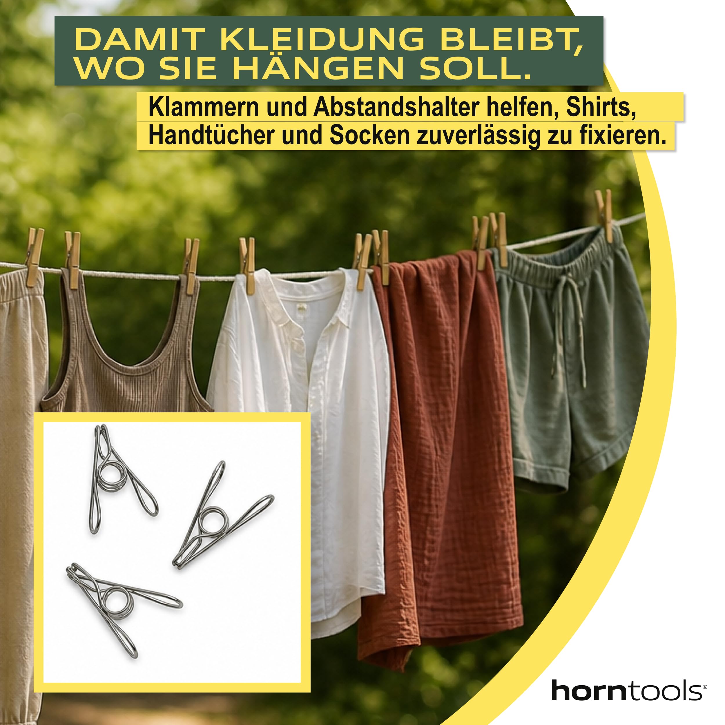 HORNTOOLS Camping Wäscheleine Ausziehbar 10m - Reisewäscheleine mit Klammern - Reisezubehör für Wohnwagen, Wohnmobil, Reisen & Overlanding - 20 Edelstahlklammern, Abstandshalter, Karabiner, 255g