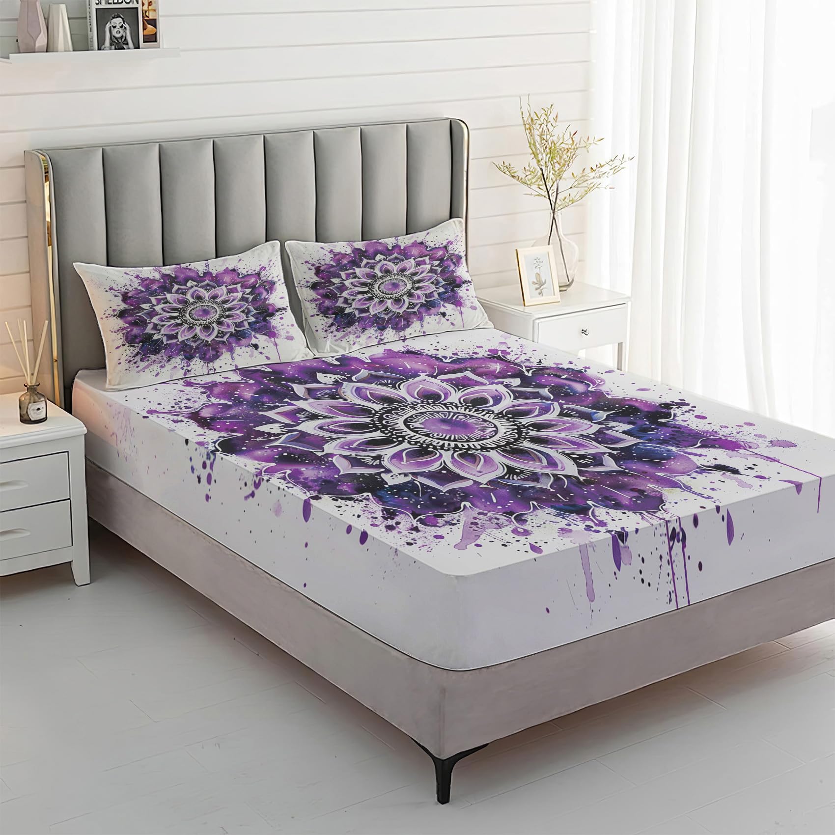 Zvynqour Mandala Bed Sheets Twin Size - Bohemian Lotus Sheet Set - Deep Pocket Fitted Sheets & Flat Sheet & Pillowcases 3 Piece - Boho Bedding & Decor - Soft Brushed Microfibe
