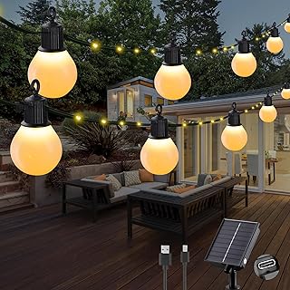 Tacobey Solar String Lights Outdoor Garden - 32.8Ft/10m 100 LED Solar Fairy Lights with 20 Shatterproof G40 Blubs, USB Charging, 8 Modes Waterproof Lights, Garden Decor - Warm White