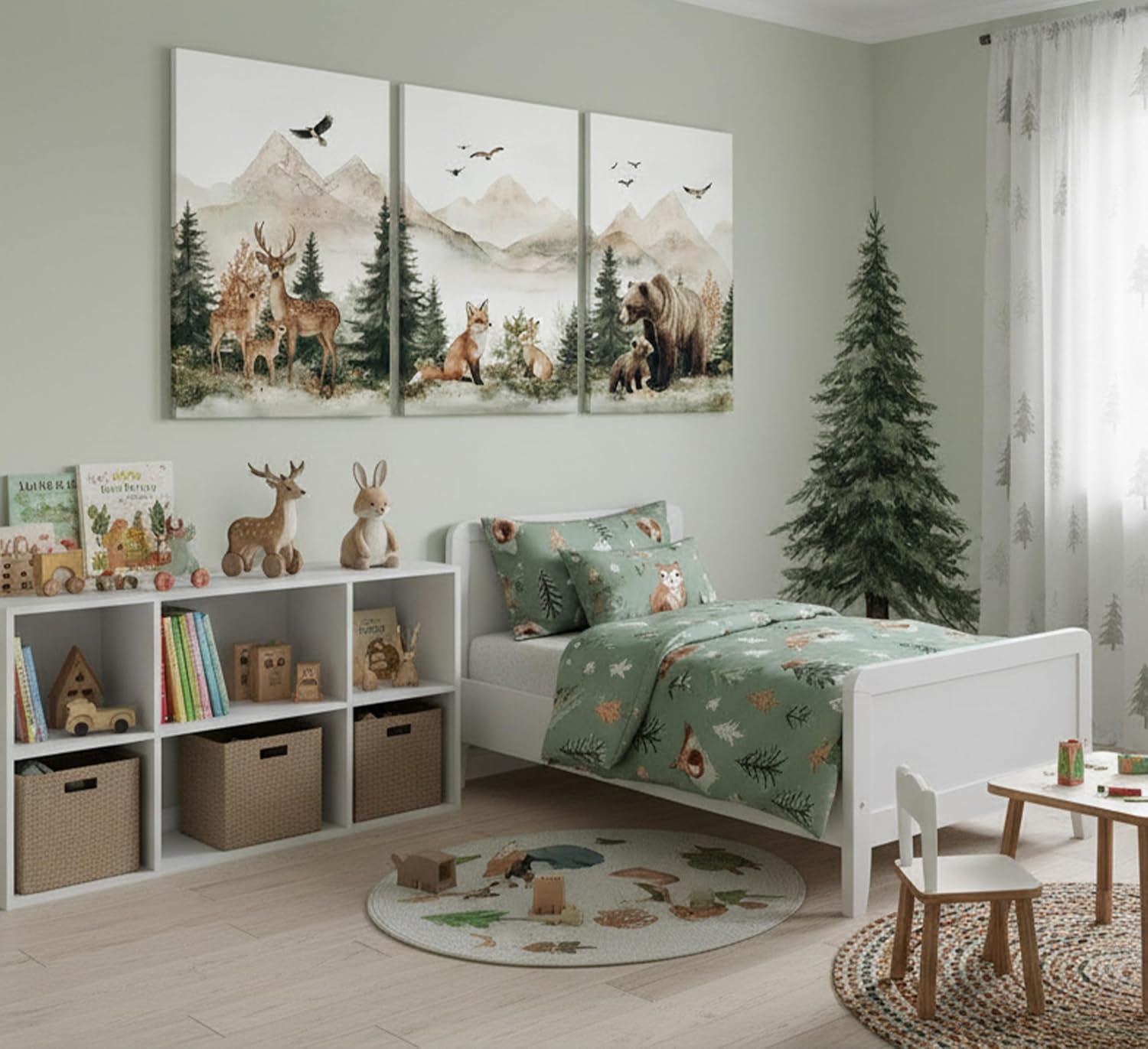 MDHFJEAW 3 Panels Woodland Animal Nursery Canvas Wall Art, Framed Forest Animals Deer Bear Fox Rabbit Mountain Painting, Nature Themed Triptych Poster Prints for Boys Girls Kids Bedroom Playroom Decor, 16x24 Inch