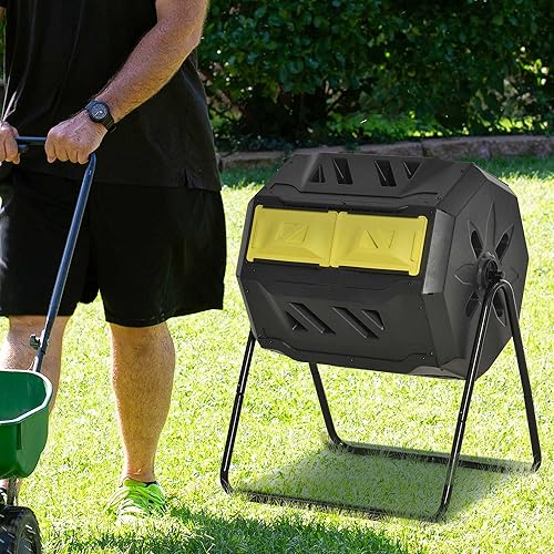 Miniatura 8 de Outsunny Cubo de compostaje giratorio de doble cámara 360° para exteriores, 43 galones, amarillo Negro -,Naranja,Amarillo,Verde,Gris,claro