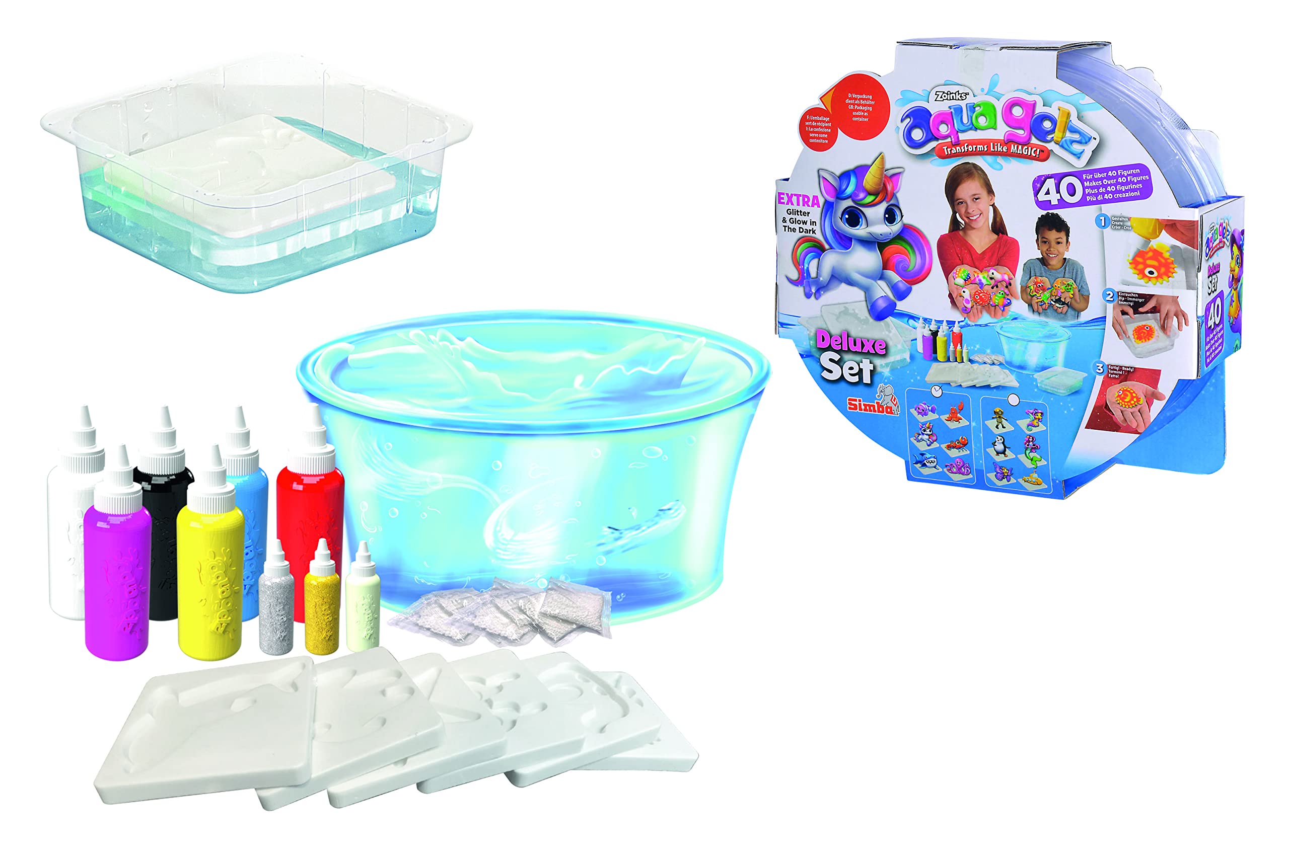 Simba Aqua Gelz - Set Créatif De Figurines 3D Lumineuses - 9 Gels Dont 1 Phosphorescent - 6 Moules - Dès 8 Ans