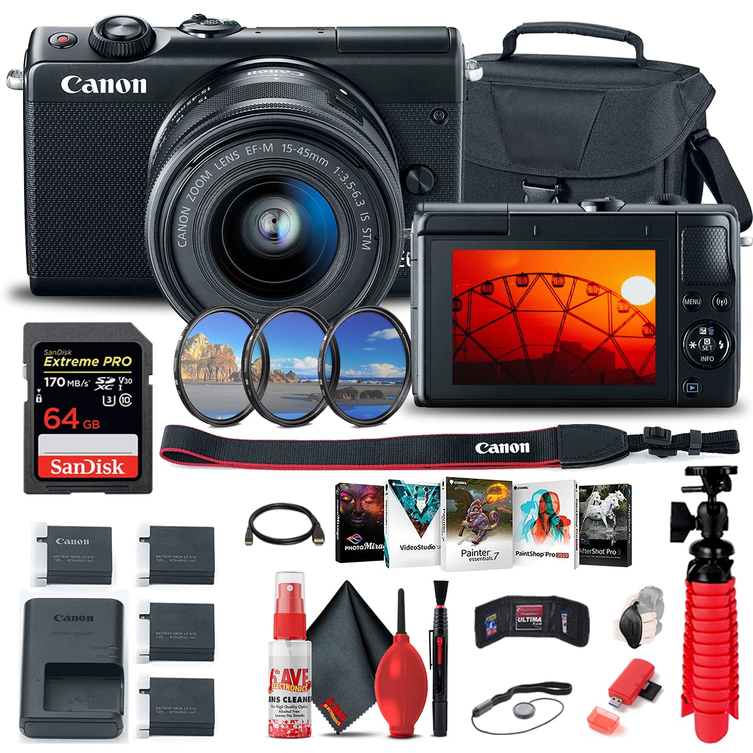 Canon EOS M100 Mirrorless Digital Camera with 15-45mm Lens (Black) (2209C011) + 64GB Card + Case + F