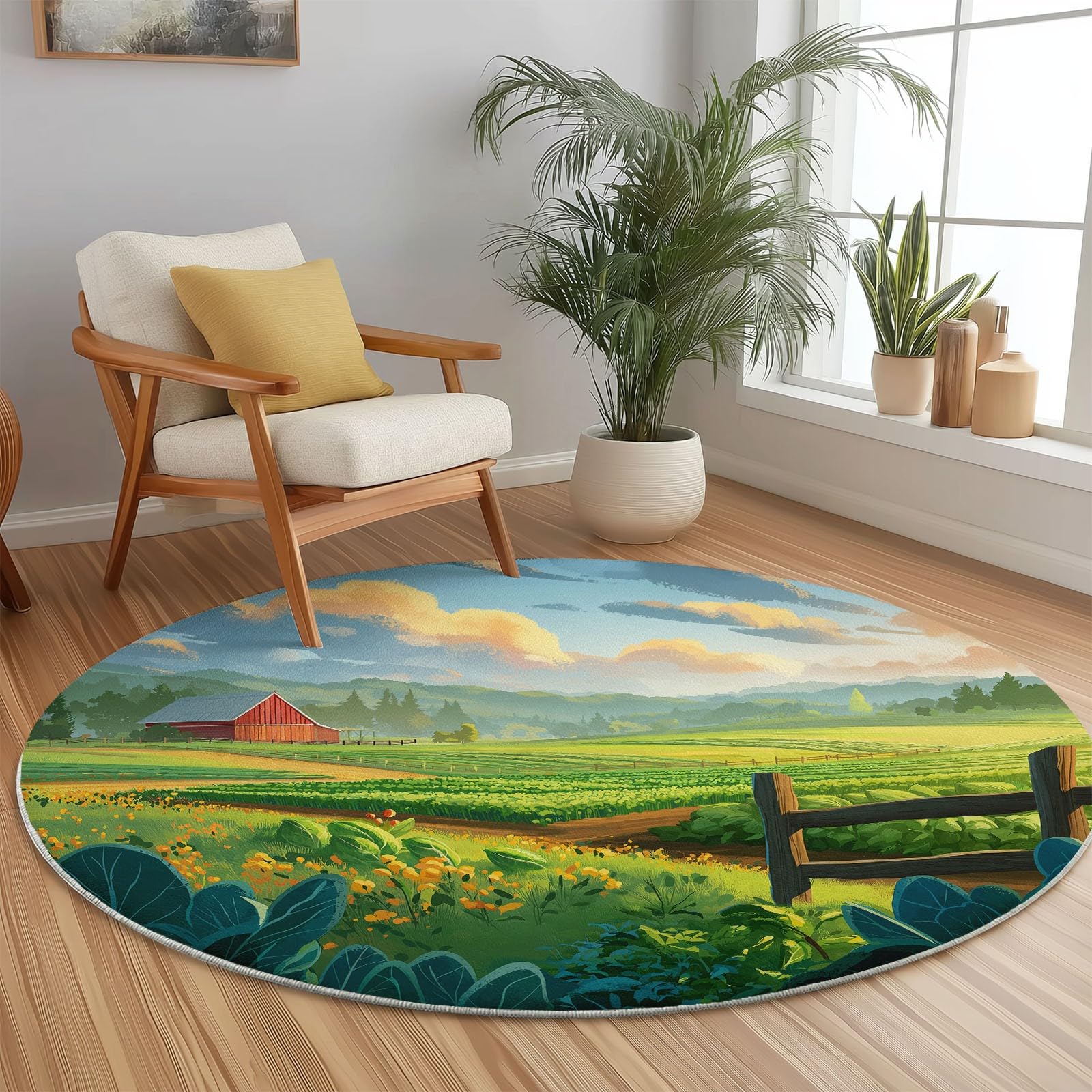 Generisch Cartoon Bauer Bauernhof Runder Teppich Wohnzimmer, Grün Style Schlafzimmer Dekoration Teppich Teenager Männer Gaming Zone Rugs Mat rutschfest Washable, 160 cm