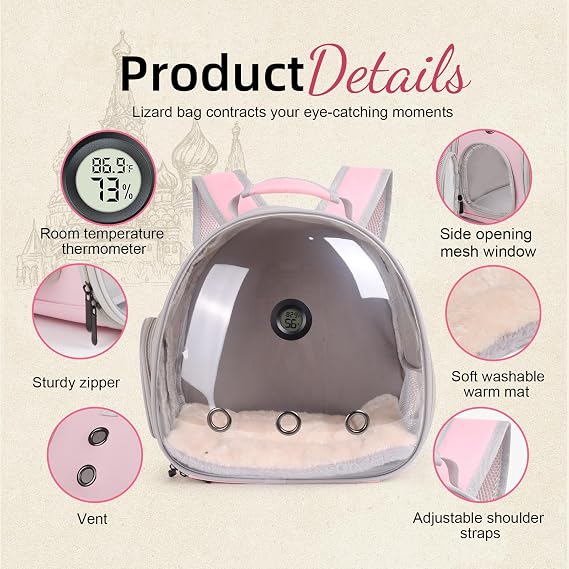 Bearded Dragon Backpack Carrier w/Reptile Thermometer Hygrometer, Clear Bubble Window Astronaut Space Capsule Travel Bag for Leopard Gecko, Ball Python, Lizard, Hermit Crab, Spider, Guinea Pig