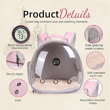 Bearded Dragon Backpack Carrier w/Reptile Thermometer Hygrometer, Clear Bubble Window Astronaut Space Capsule Travel Bag for Leopard Gecko, Ball Python, Lizard, Hermit Crab, Spider, Guinea Pig