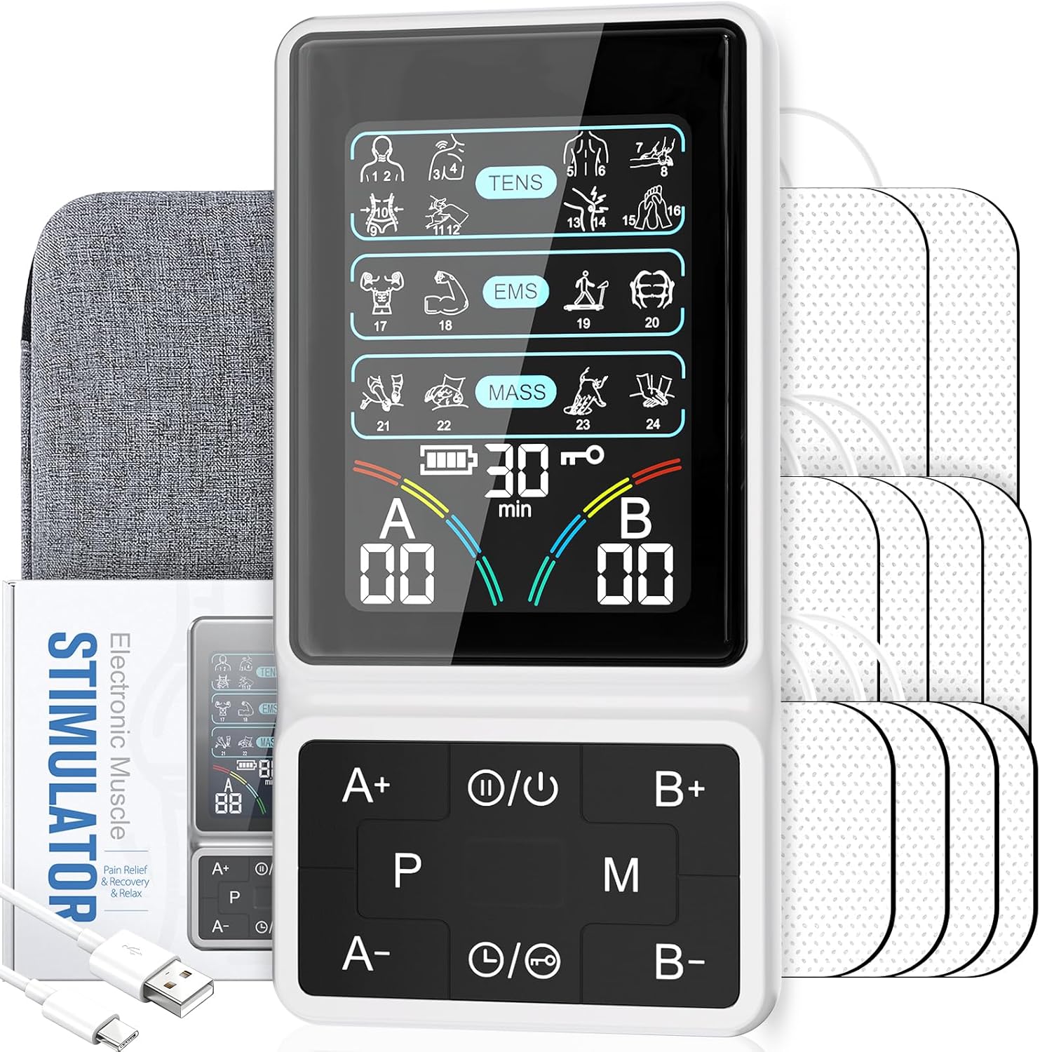 TENS Unit Muscle Stimulator with HD Color Screen, 3-in-1 TENS EMS Machine for Pain Relief & Muscle Recovery, 24 Modes Pulse Massager for Sciatica, Back, Hip, Neck, Shoulder and Elbow Pain - Ivory