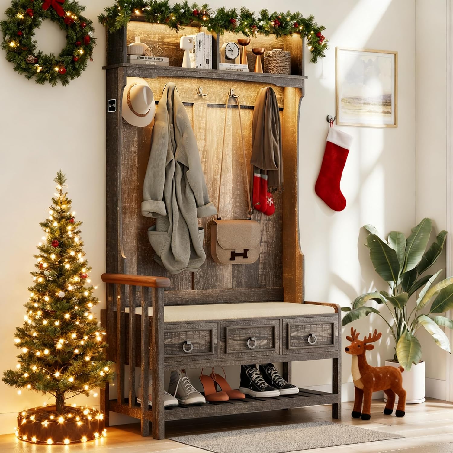 Farmhouse Hall Tree with Cushioned Bench and Shoe Storage for Mudroom, Hallway, Living Room,4-in-1 Entryway Bench with LED Lights,Motion Sensor,Coat Rack and 3 Drawers,Dark Rustic Oak