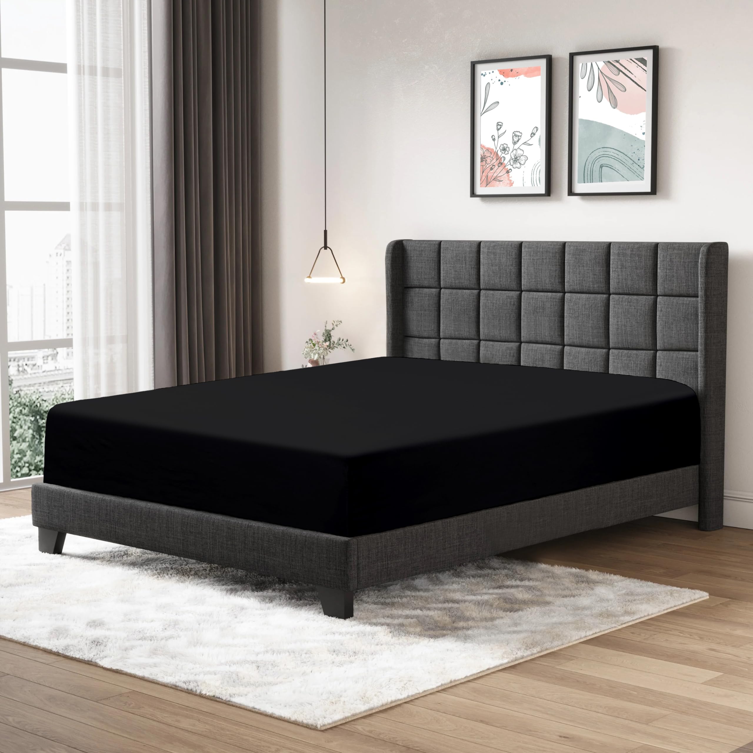 Fitted Sheet 25cm Deep Mattress Pocket 100% Egyptian Cotton 200 Thread Count Soft & Fade Resistant Bottom Fitted Bed Sheet (Black, Single)