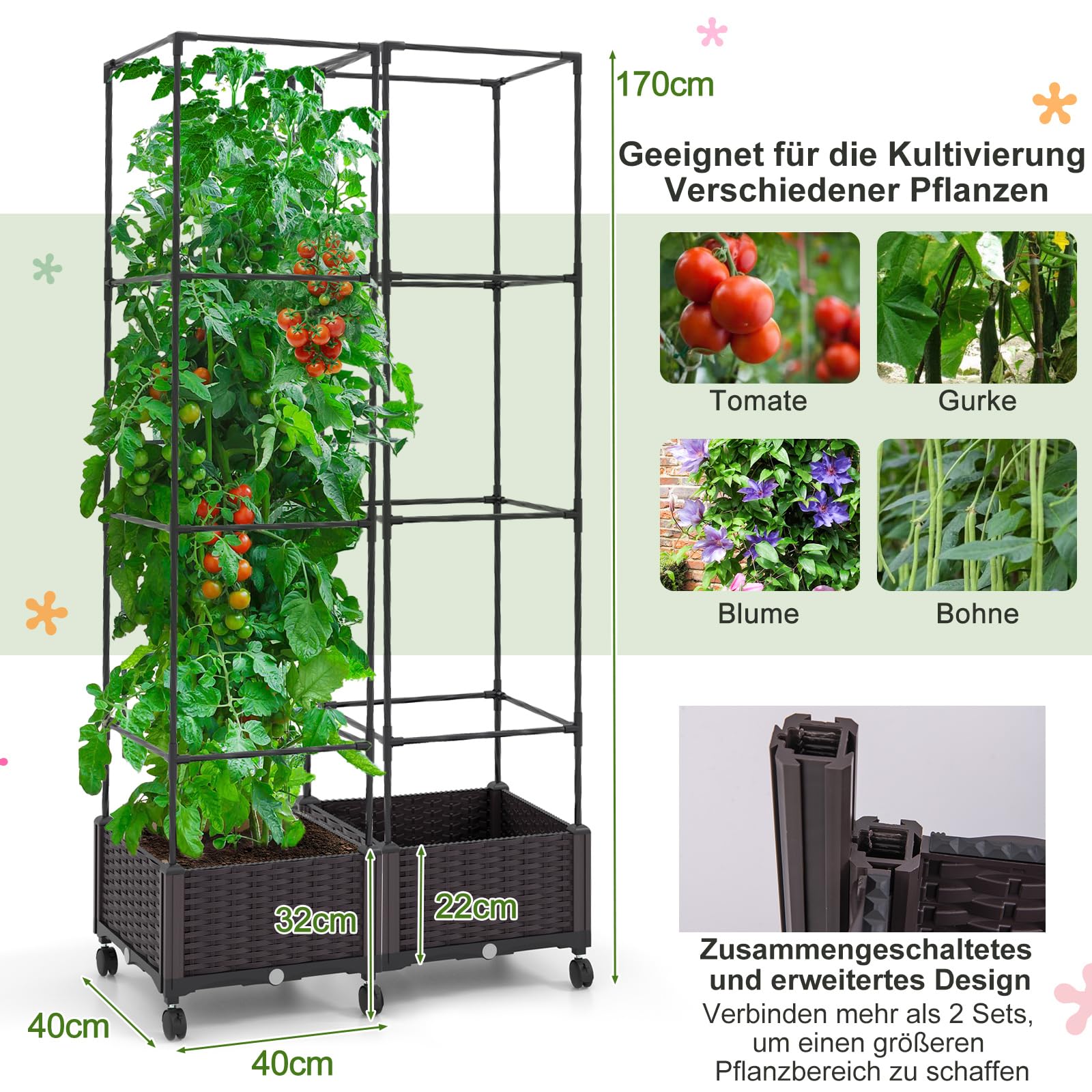 COSTWAY Rankhilfe mit Blumenkasten auf Rollen, Garten Obelisk höhenverstellbar, beschichtetes Metall & PP, Rankgitter mit Pflanzkasten & Selbstbewässerung, für Blumen Kletterpflanzen, 40x40x170cm