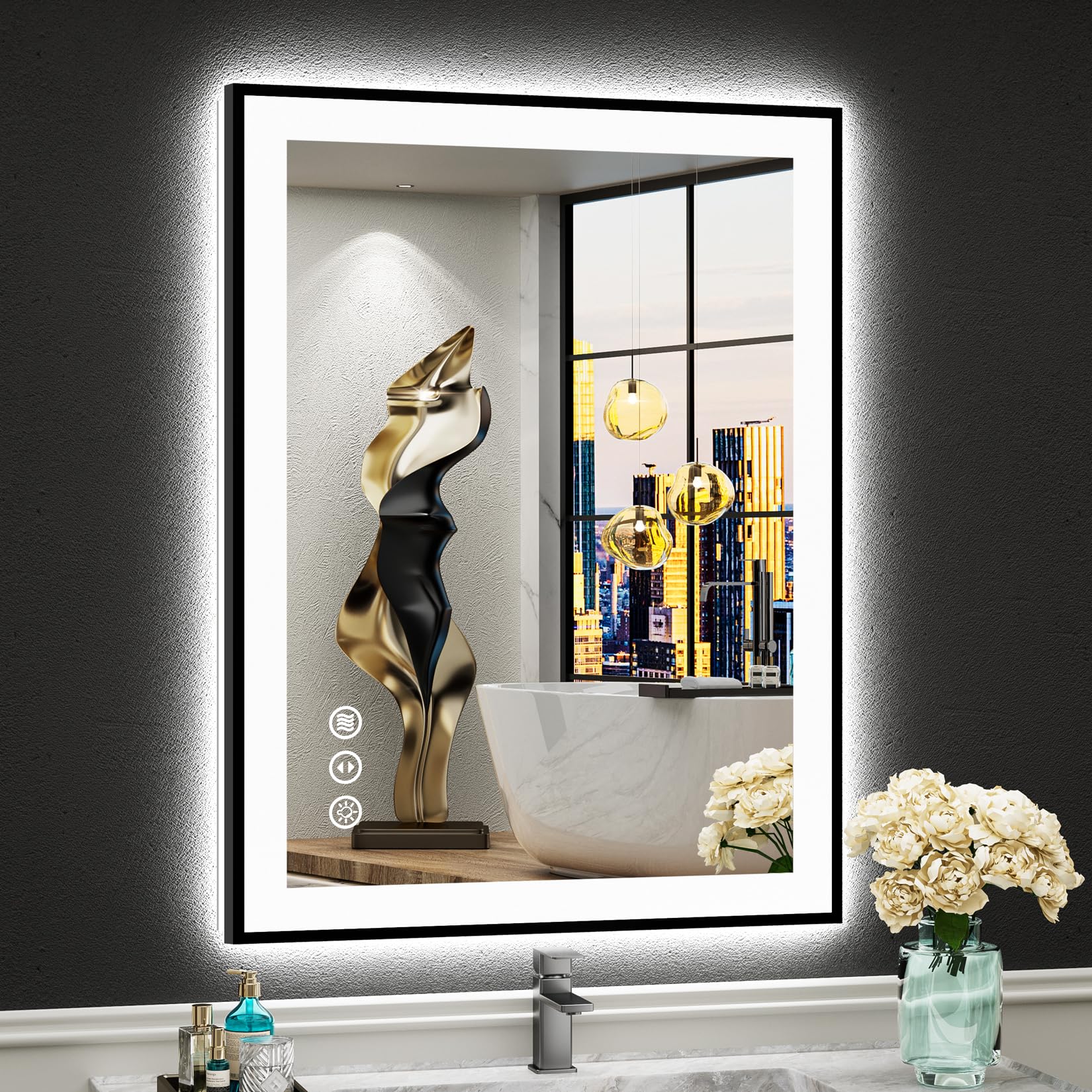 24x32 Black Framed LED Bathroom Mirror Backlit &amp; Front Lit Anti-Fog | Lighted Vanity Mirror, Dimmable 3-Color Light, Memory, CRI95, Tempered Glass, IP54 Waterproof, UL Listed, Horizontal/Vertical
