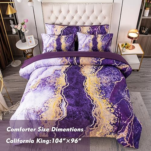 Miniatura 4 de PERFEMET Juego de edredón morado California King, 6 piezas con estampado de mármol colorido con sábanas, acuarela, ilustraciones abstractas, juego