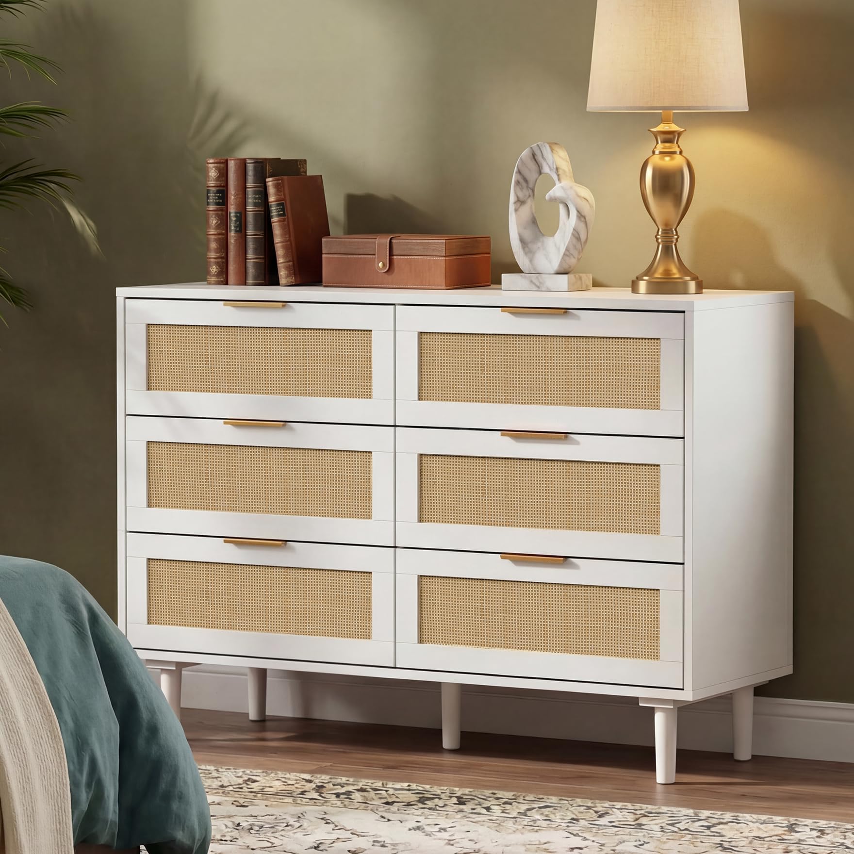 6 Drawer Dresser Rattan Dresser Modern Chest with Drawers,Wood Storage Closet Dressers Chest of Drawers for Bedroom,Living Room,Hallway (White)