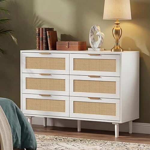 FUQARHY 6 Drawer Dresser Rattan Dresser Modern Chest with Drawers,Wood Storage Closet Dressers Chest of Drawers for Bedroom,Living Room,Hallway (White)