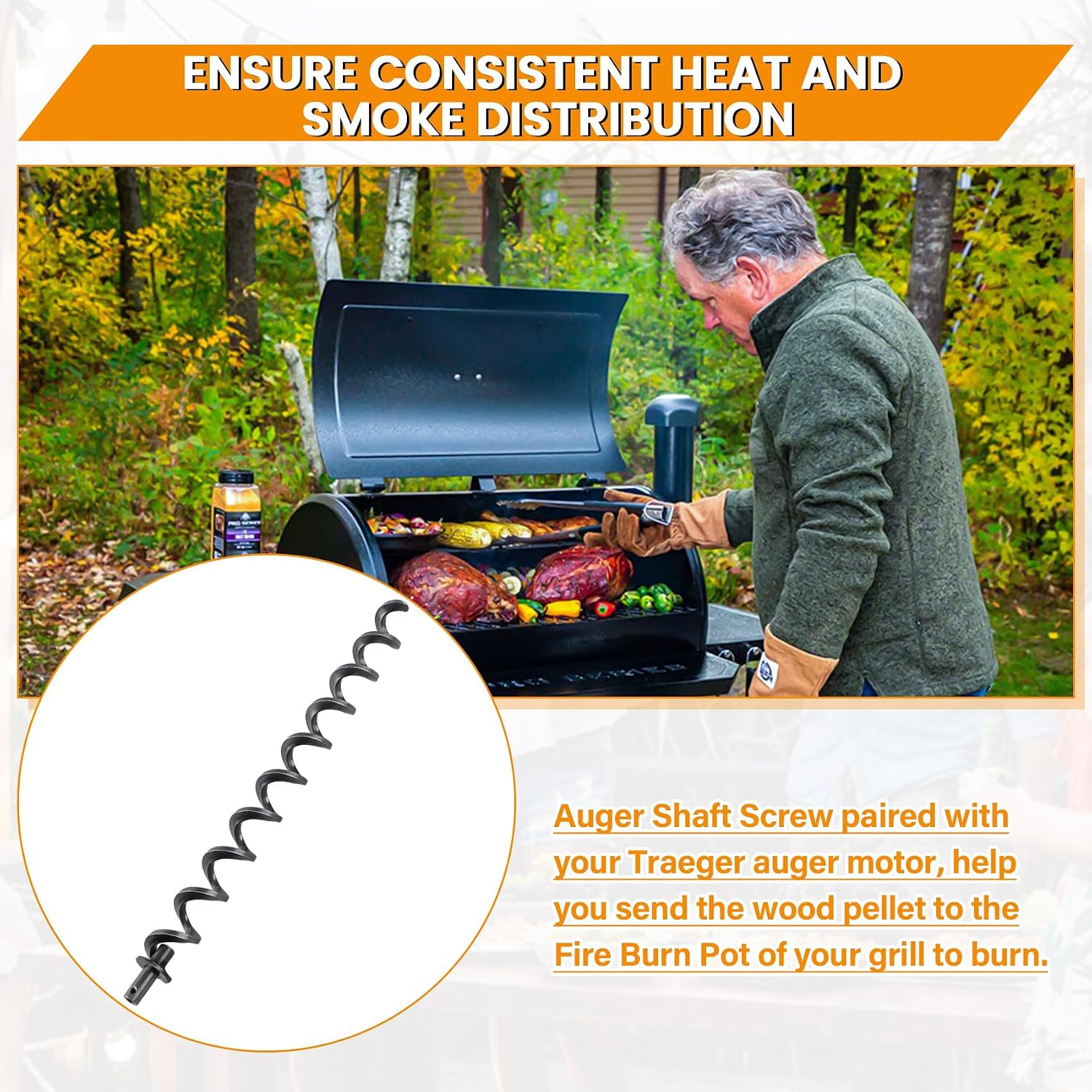 17 Inch Igniter Auger Shaft Push Rod and Auger Motor Bushing Replacement for Most Traeger, Camp Chef Pellet Grills, with 74072 Auger Motor Feeder Shaft Nut and Bolt Parts