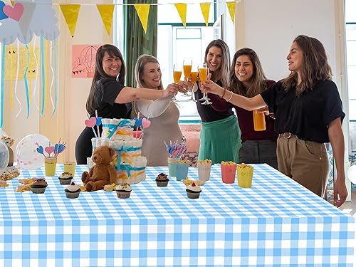 Miniatura 6 de Paquete de 3 manteles rectangulares desechables de 54 x 108 pulgadas, manteles de plástico a cuadros azules y blancos, para fiestas de cumpleaños,