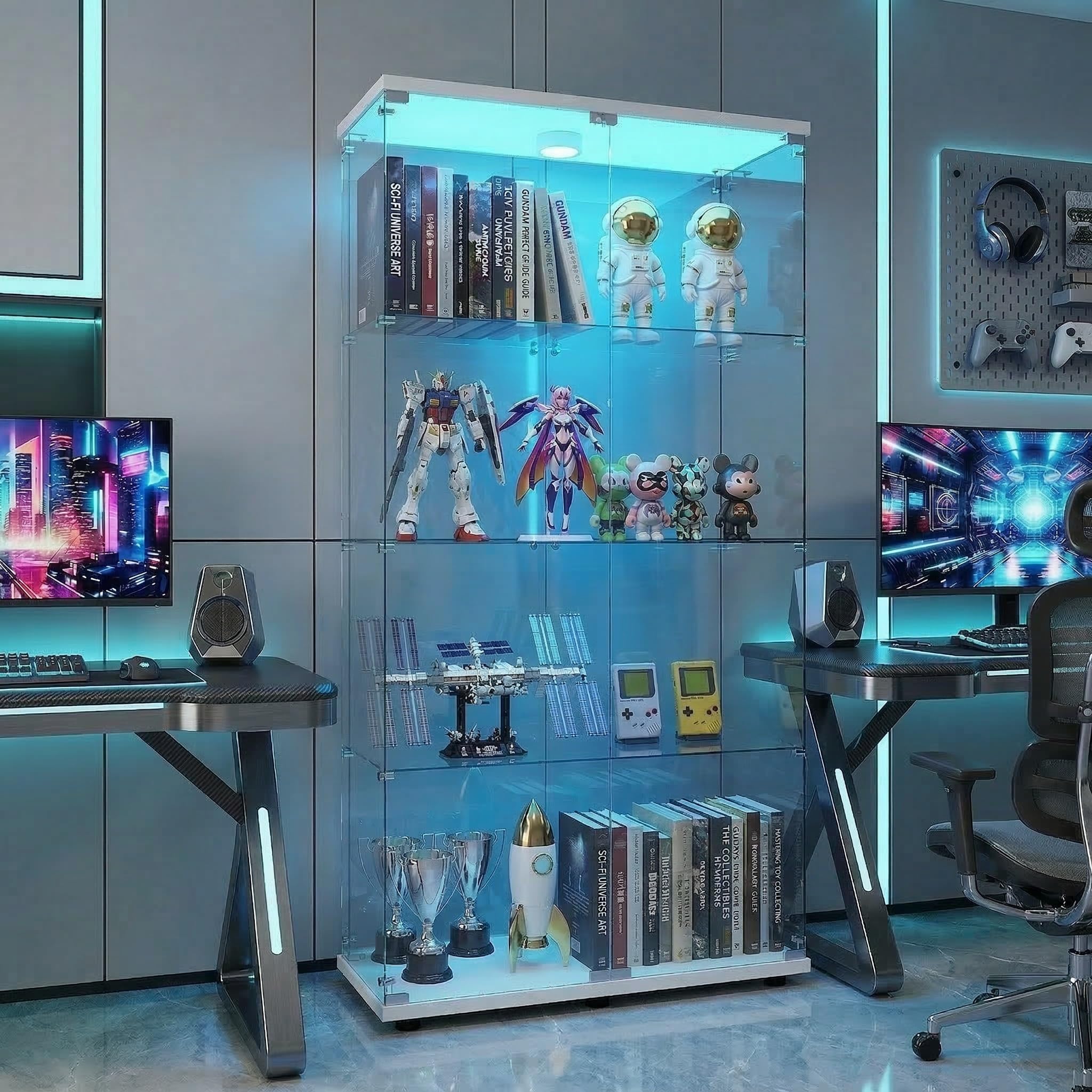 65" Display Cabinets with LED Lights and Lockable Glass Doors,4-Shelf Glass Display Cabinet for Collectables,Modern Glass Cabinet Display,for Collections,Living Room, Bedroom and Office, White