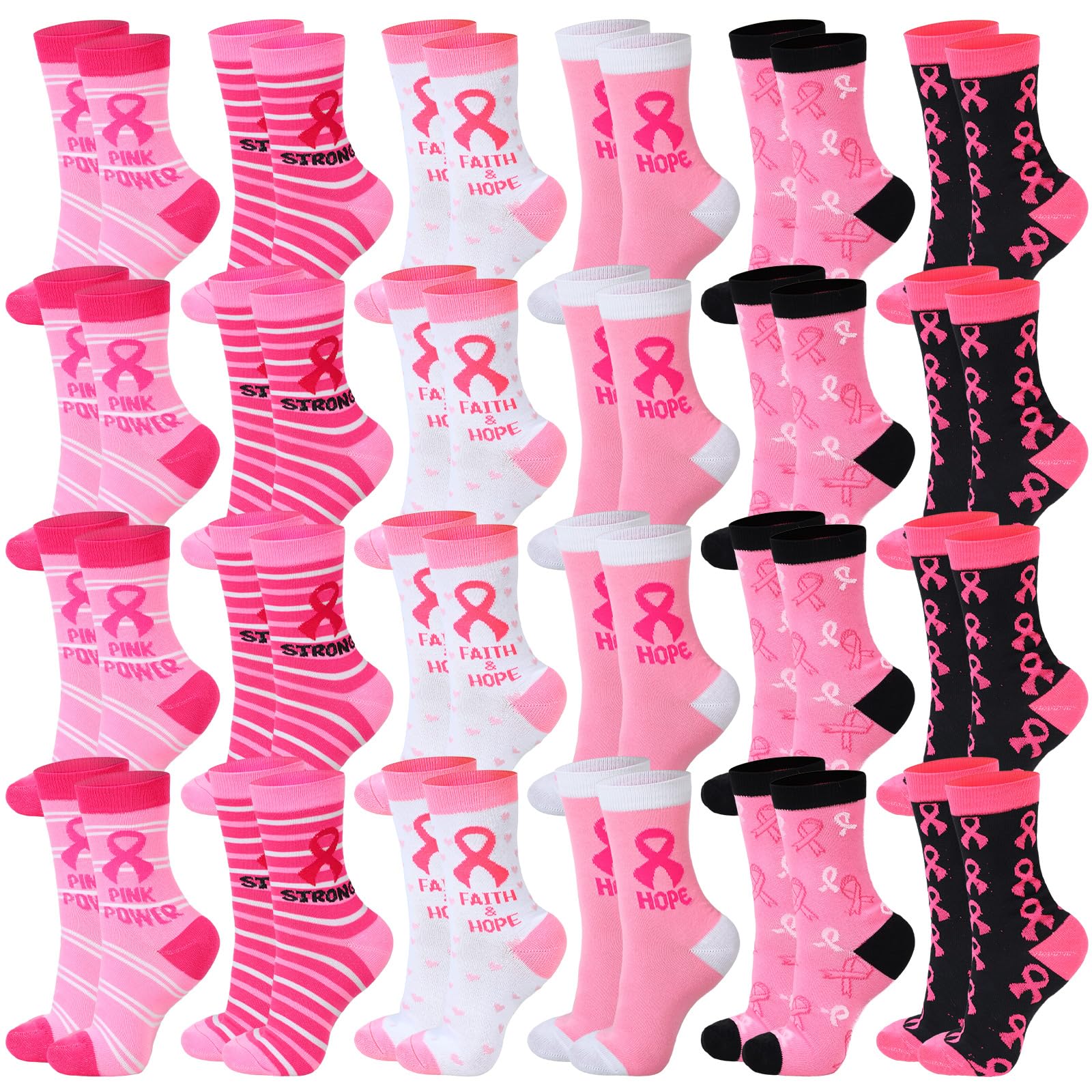 Hercicy 48 Paar Brustkrebs-Bewusstseinssocken, weich, rosa, Crew-Socken, Großpackung, rosa Schleife, Brustkrebs, Geschenke für Frauen, Jugendliche, Sport, Fußball, Cheer Zubehör, Mehrfarbig,