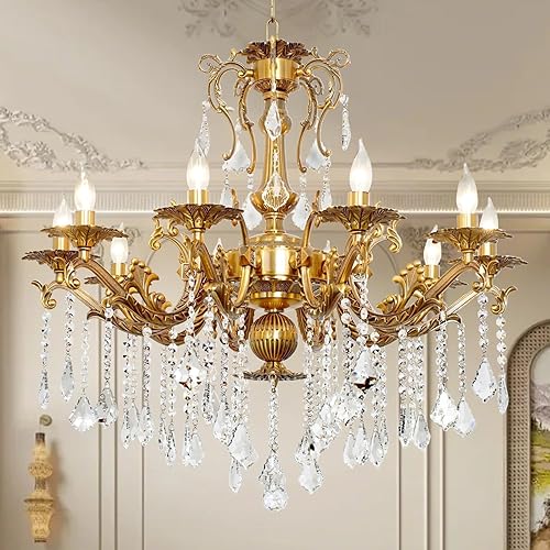Miniatura 9 de Candelabro vintage de 12 luces, contemporáneo, elegante, K9, cristal dorado, candelabros colgantes, lámpara de techo de 34 pulgadas