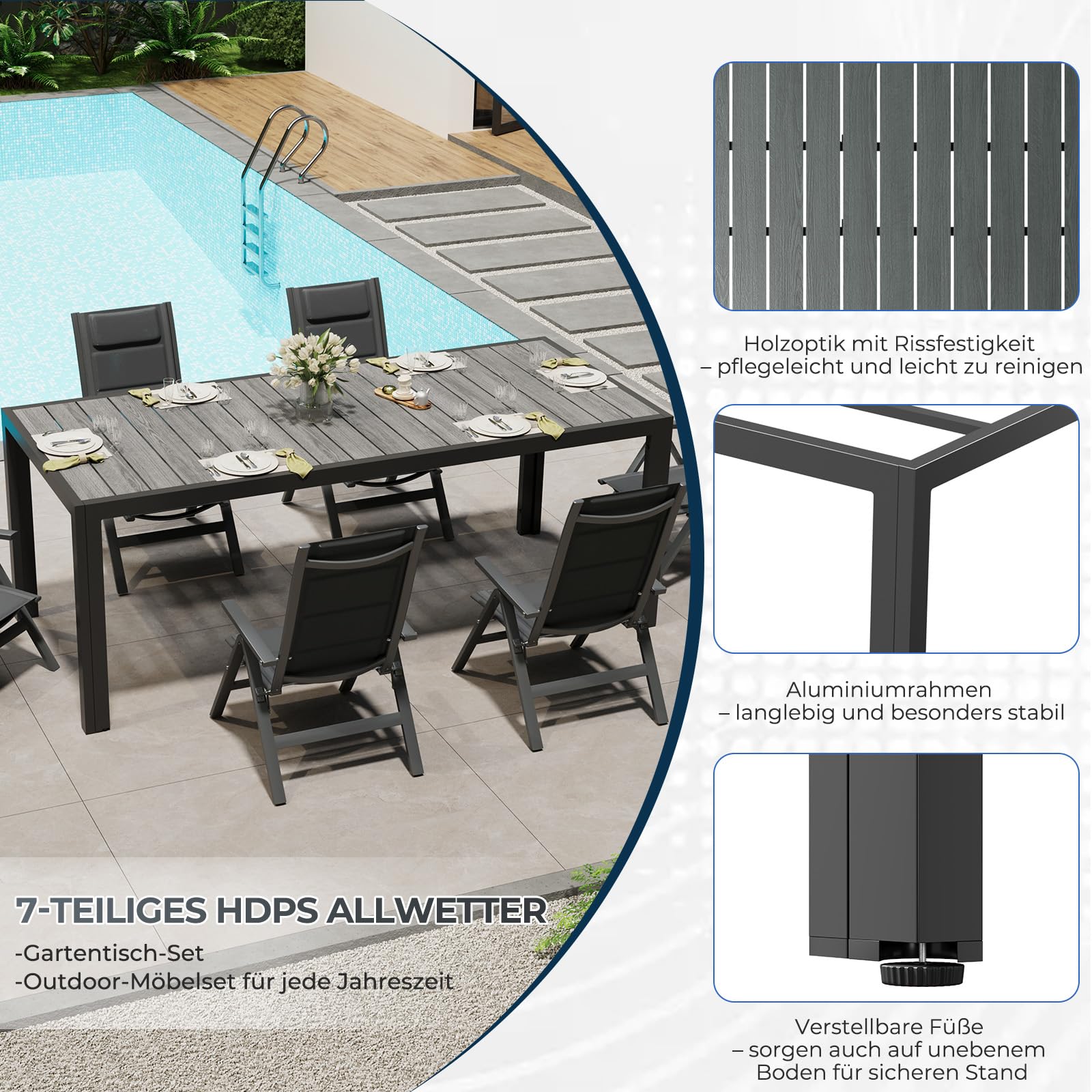 TRIUMPHKEY Aluminium Gartenmöbel 6+1, Gartenmöbel Set mit 1 189 cm PS Gartentisch und 6 klappstuhl, mit Verstellbarer Rückenlehne, Wetterfeste Terrassenmöbel, für Garten Terrasse Balkon, Dunkelgrau