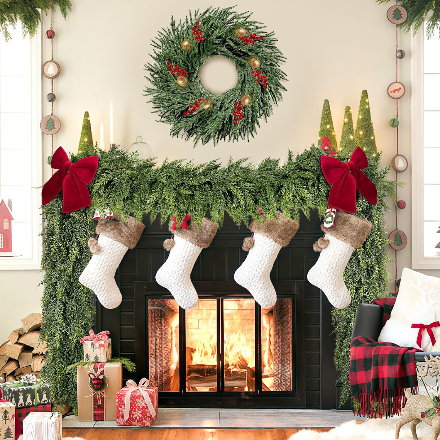 6FT Christmas Cedar Garland with 2 Red Bow, Realistic Soft Faux Cedar Garlands,Thickness Pine Garland for Home Fireplace Mantle Table