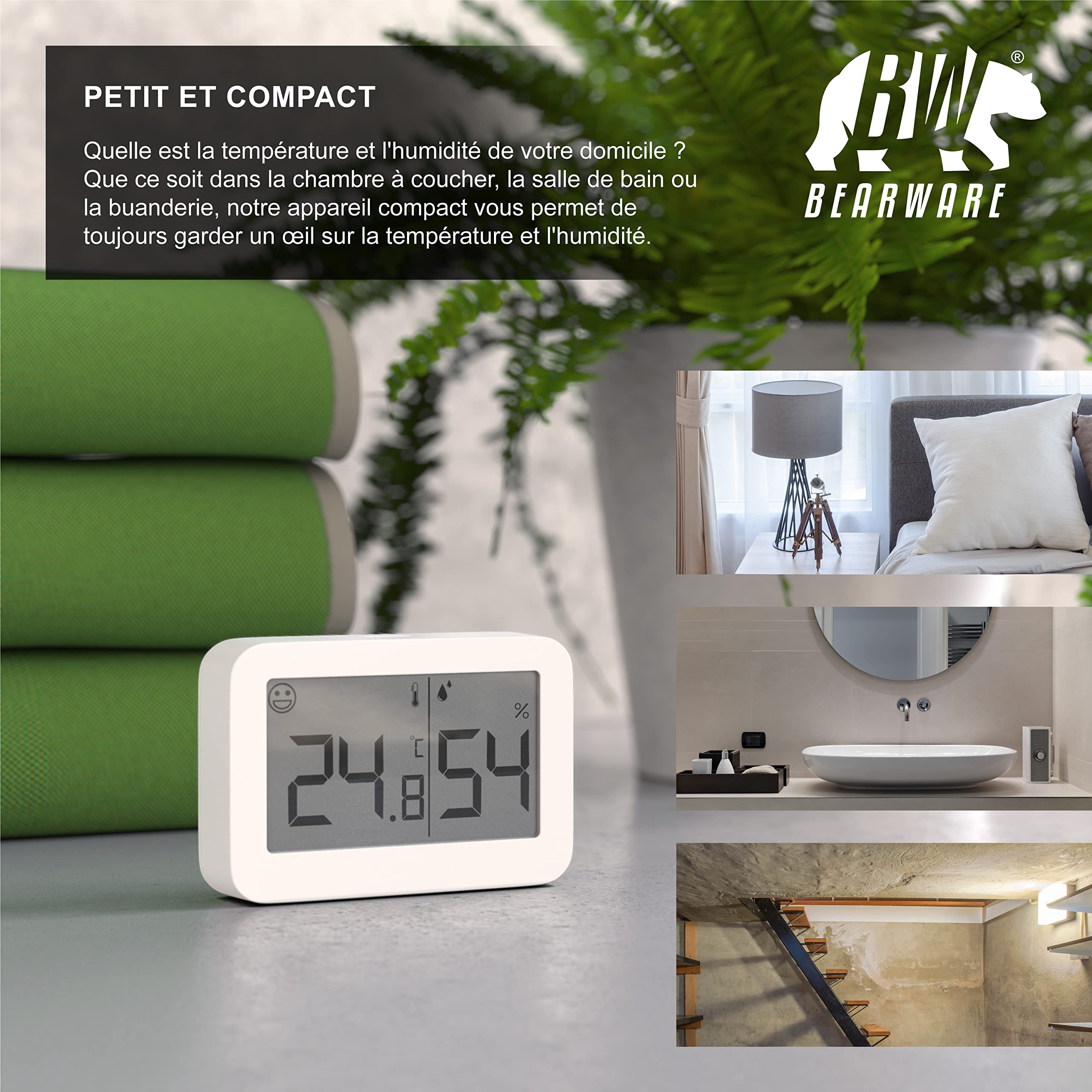 Thermomètre hygromètre digital d'intérieur, température et humidité, affichage LCD, blanc