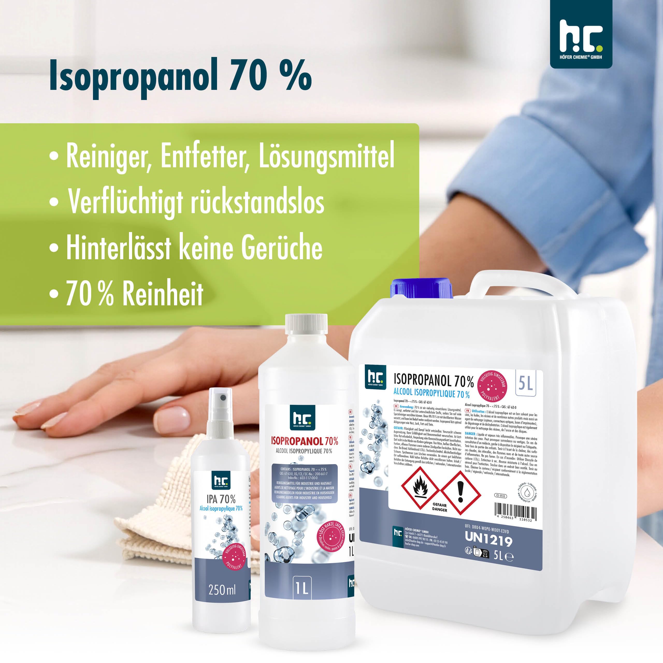 Höfer Chemie 2 x 5L Isopropanol 70% – Isopropylalkohol zum Reinigen und Entfetten von Glas, Displays, Brillen, Schallplatten und Whiteboards – IPA 70 Industriealkohol im praktischen Kanister