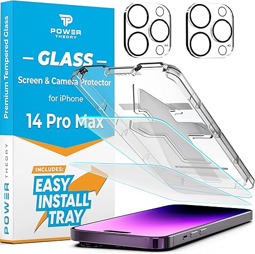 Power Theory Protector de pantalla diseñado para iPhone 14 Pro Max y protectores de lente de cámara con kit de fácil instalación vidrio templado de