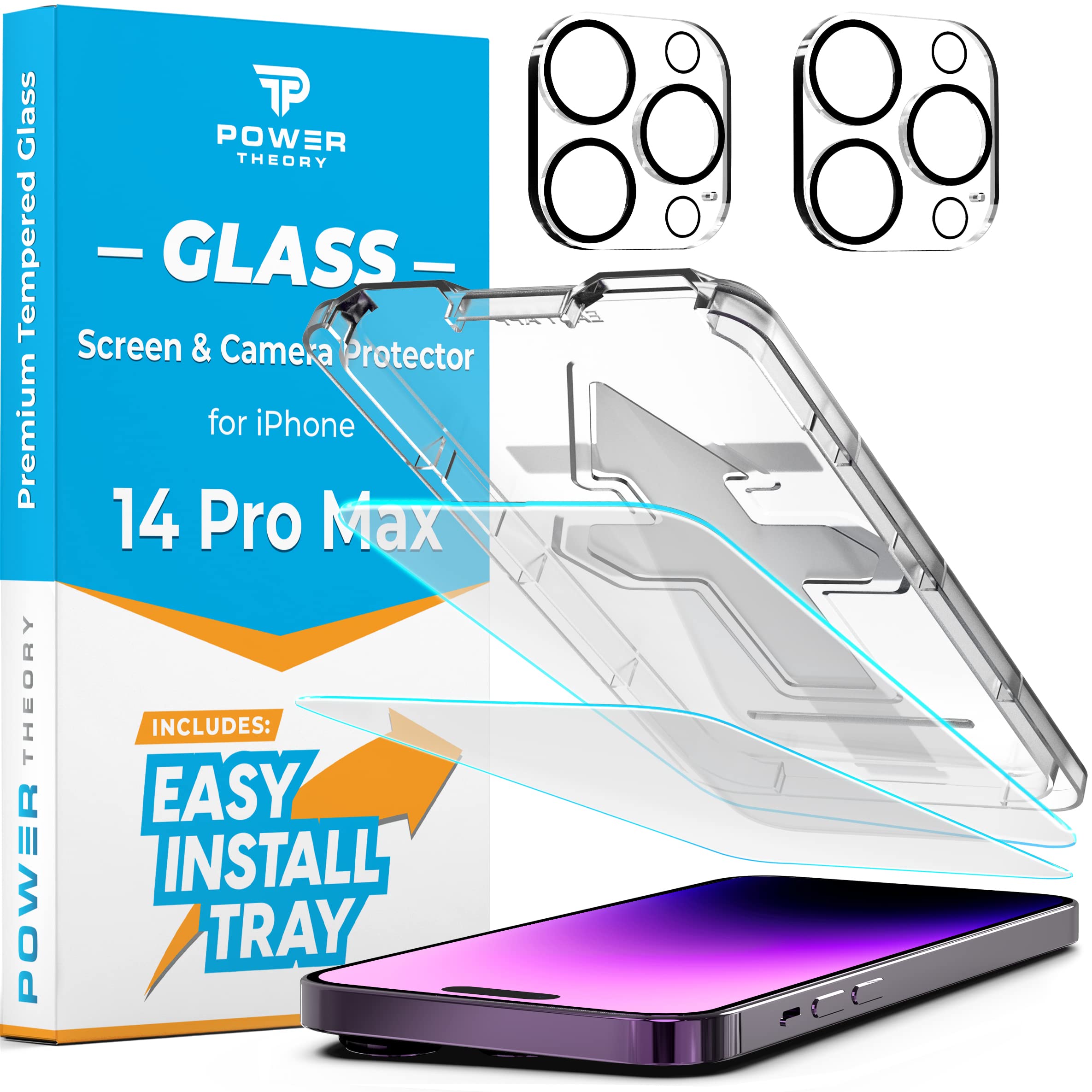 Power Theory Designed for iPhone 14 Pro Max Screen Protector and Camera Lens Protectors with Easy Install Kit [Premium Tempered Glass], [9H Hardness]