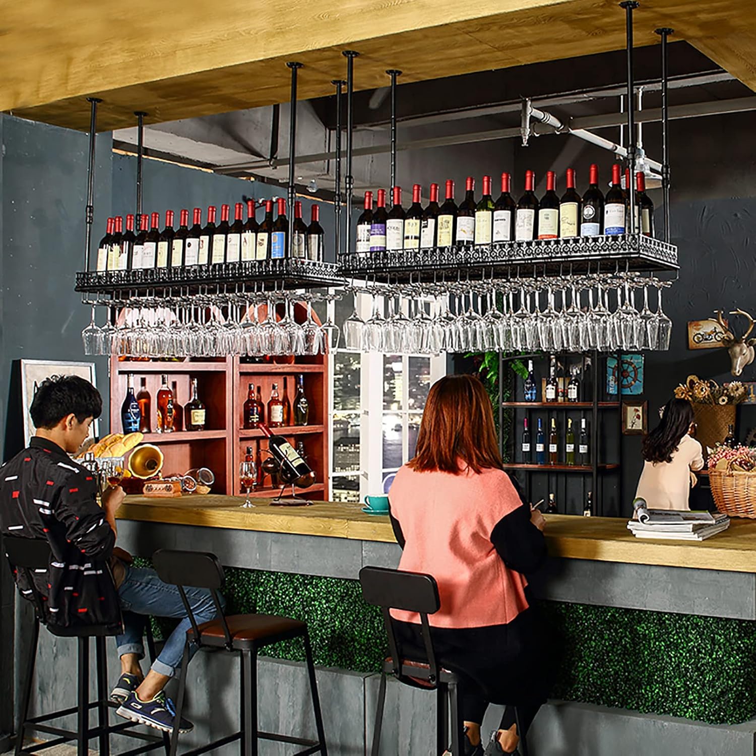 Hanging Wine Rack Adjustable Height Industrial Vintage Bar Floating Shelf, Ceiling Mounted Wine Bottle Holder, Decorative Storage Rack Shelf Champagne Glass Rack, Bar Home Decor