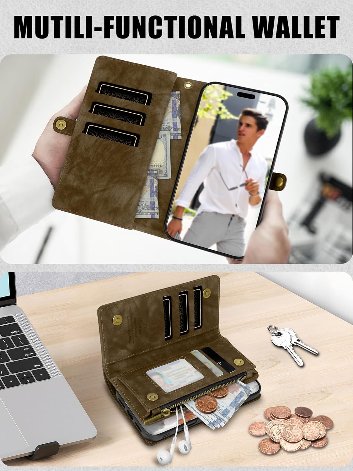 All-in-1 Detachable Wallet Case Compatible with iPhone 16 PLUS – PU Leather Magnetic Flip Case with Wrist Strap, Zipper, Extra Large Capacity, Holds Phone, 8 Cards, Bills, Coins, and Keys - Brown