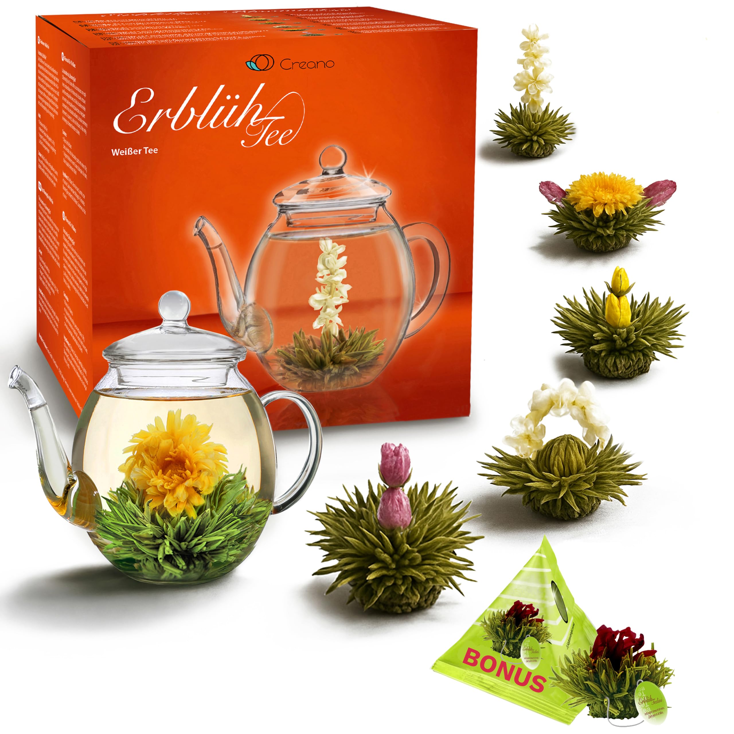Creano Teeblumen Geschenkset - Erblühtee mit 500ml Glaskanne & 6x Weißer Tee + Teelini Grüntee Bonuskugel - 8 teilig