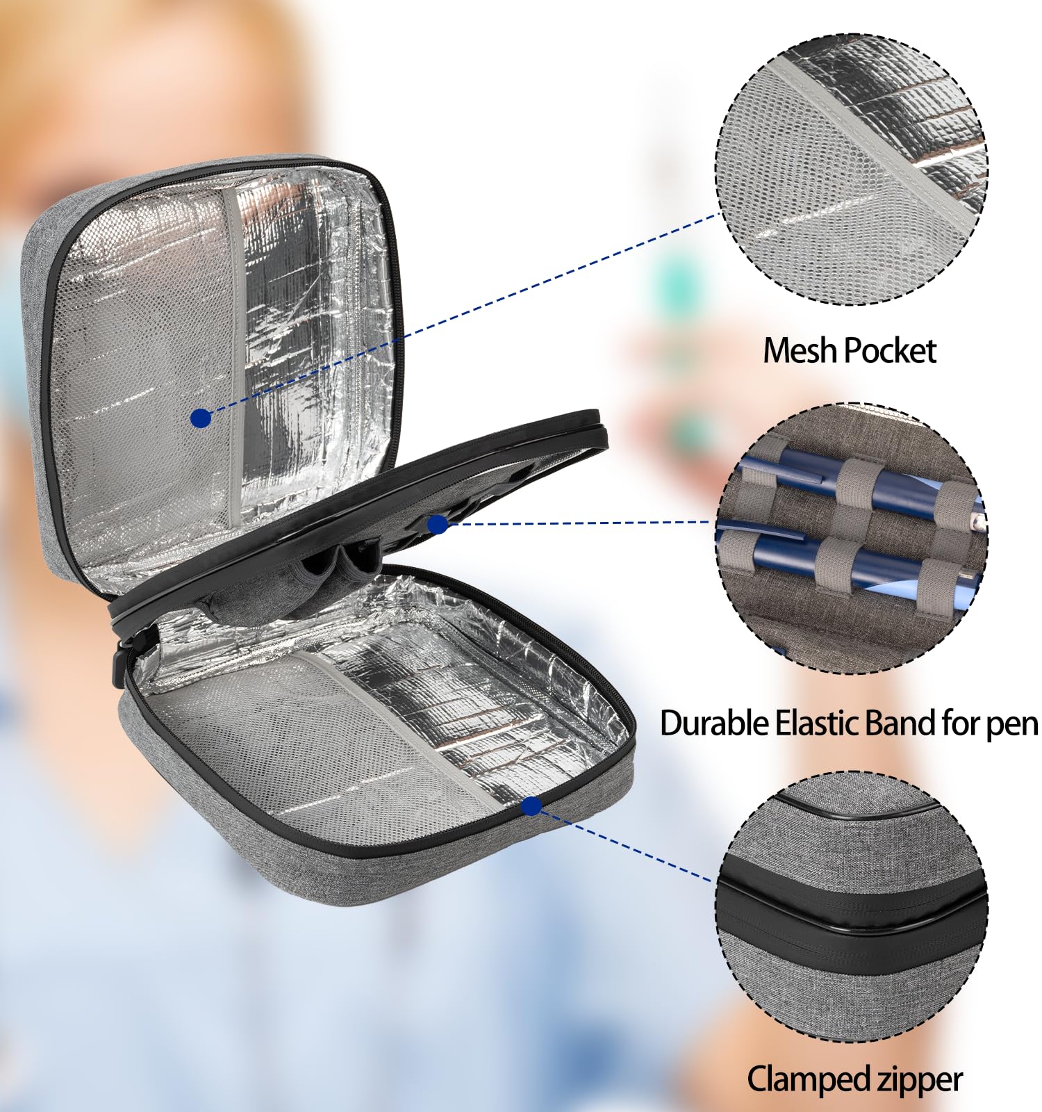 Glamgen Grande custodia da viaggio per insulina, con 4 confezioni di gel di ghiaccio riutilizzabili per diabetici, borsa organizer EpiPen con custodia refrigerante per penne Epi, aghi e fiale per