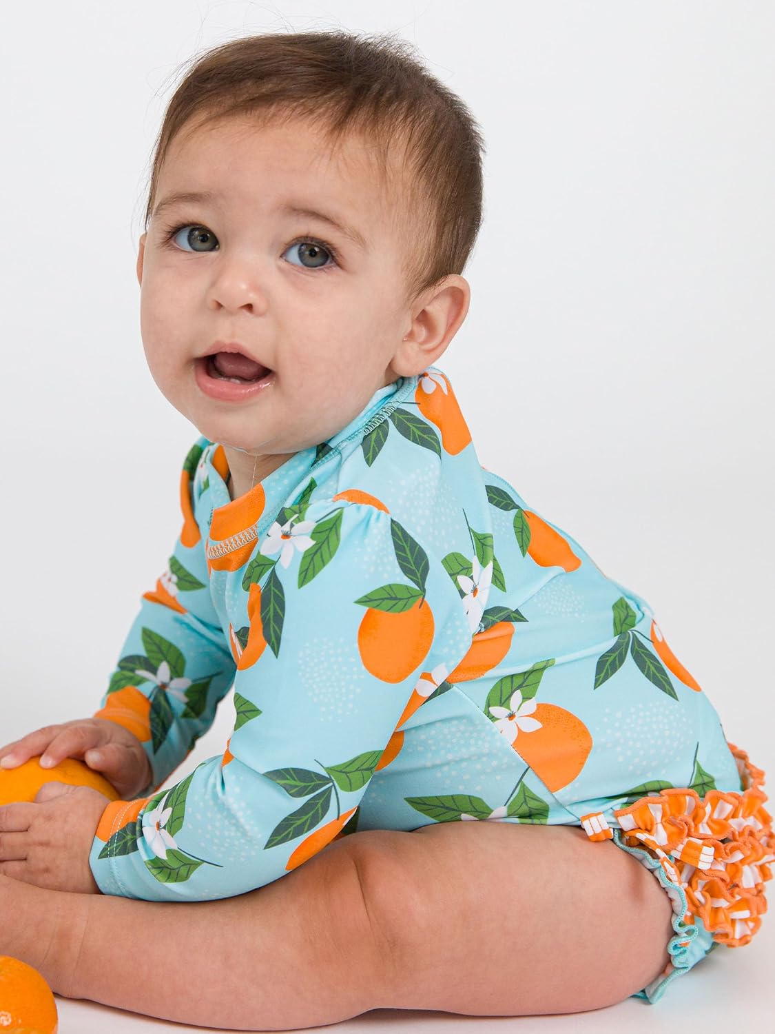 RuffleButts Baby Girls UPF 50+ Sun Protection Floral Printed Long Sleeve One Piece Rash Guard Swimsuit with Zipper - Image 6