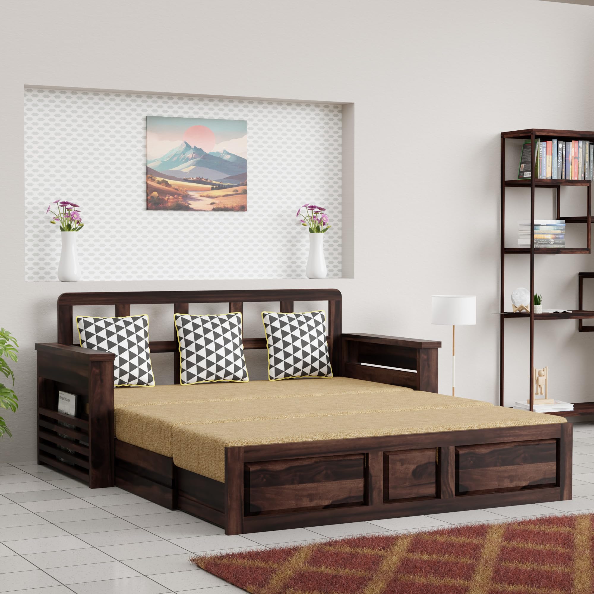 Krishna Wood Decor Solid Sheesham Wood Convertible 3 Seater Sofa Cum Bed with Headboard and Storge Armrest, Folding Dubole Bed for Home Living Guest and Office Areas, Walnut