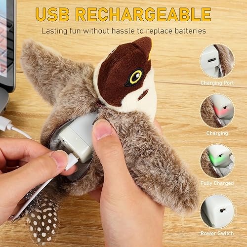 Miniatura 7 de Juguete interactivo para gatos y pájaros que cantan, alas aleteadas, recargable por USB, materiales seguros, uso en interiores, aroma de hierba