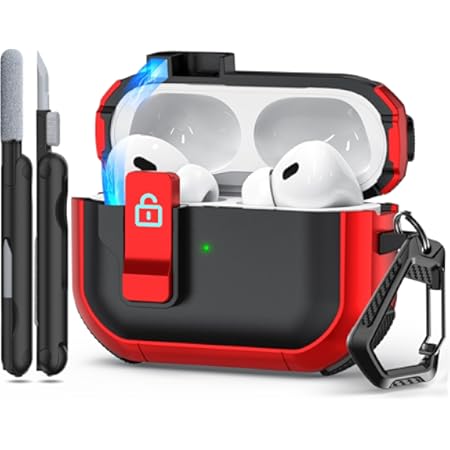 Picture of RFUNGUANGO for AirPods Pro Case Cover with Secure Lock Clip, Automatic Pop-up Case Full-Body Shockproof Hard Protective Cover for AirPods Pro 2/1/Gen E-Black+Red