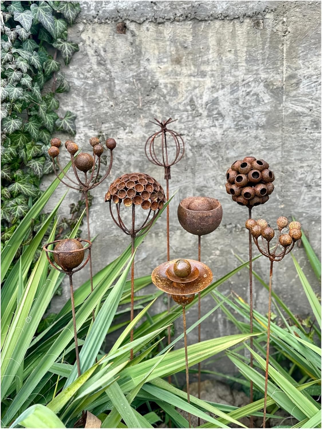 Set of 8 Rustic Metal Flower Sculptures – Handmade Garden Stakes, Decorative Landscaping Art, Bee & Butterfly Friendly, Garden Decoration