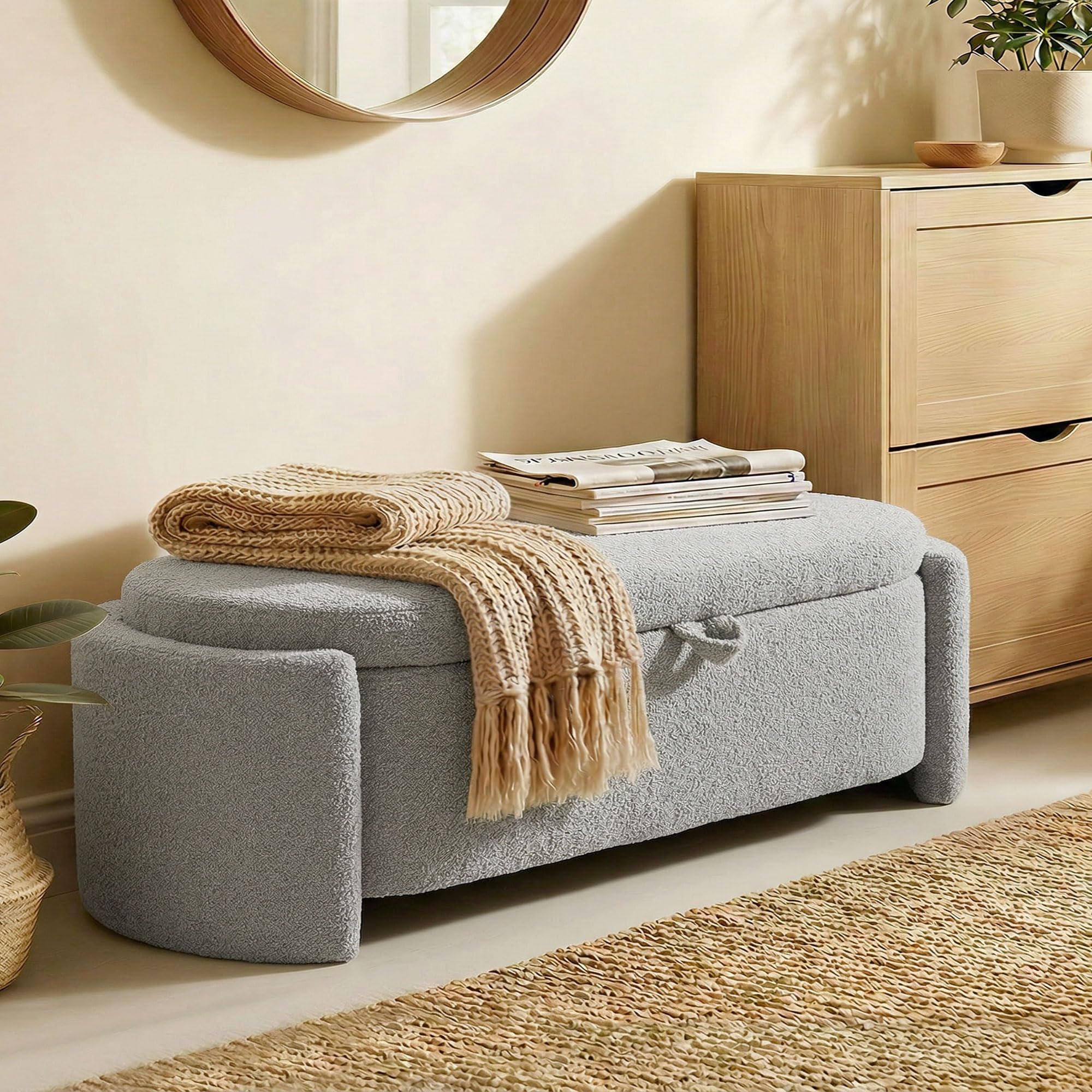 HOMCOM Puff Almacenaje Banco Almacenaje Ovalado 129x48,5x44 cm Gris Claro | Tapizado en Terciopelo de Teddy, Baúl de Almacenamiento, Carga 200 kg, Taburete para Sala de Estar, Dormitorio, Entrada