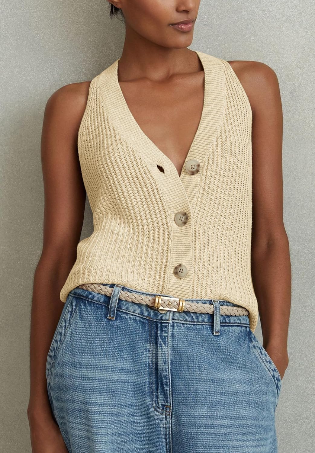 Womens Button-Front Sweater Vest Top V Neck Sleeveless Knit Tank Fitted Halter Raceback Cardigan Vest - Image 5