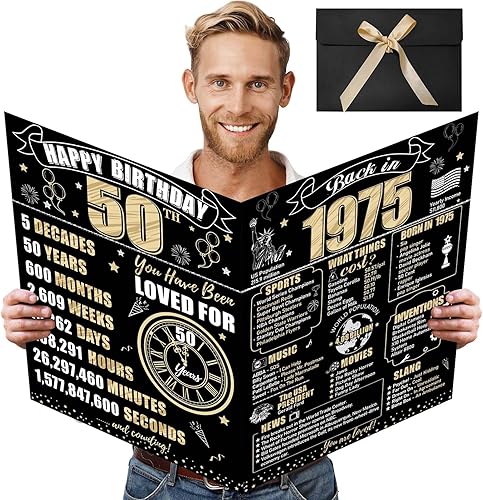Tarjeta grande de cumpleaños número 50 con sobre para hombres y mujeres, 1974 negro dorado feliz 50 cumpleaños gigante firma libro de invitados,