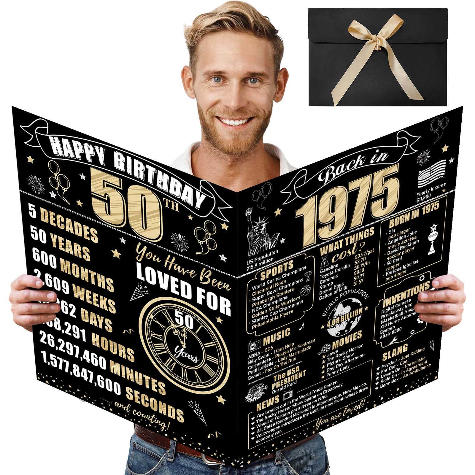 Turypaty Large 50th Birthday Card With Envelope for Men Women, 1975 Black Gold Happy 50th Birthday Giant Guest Signature Book Gifts, Big Vintage 1975 50th Greeting Card Decoration Party Supplies