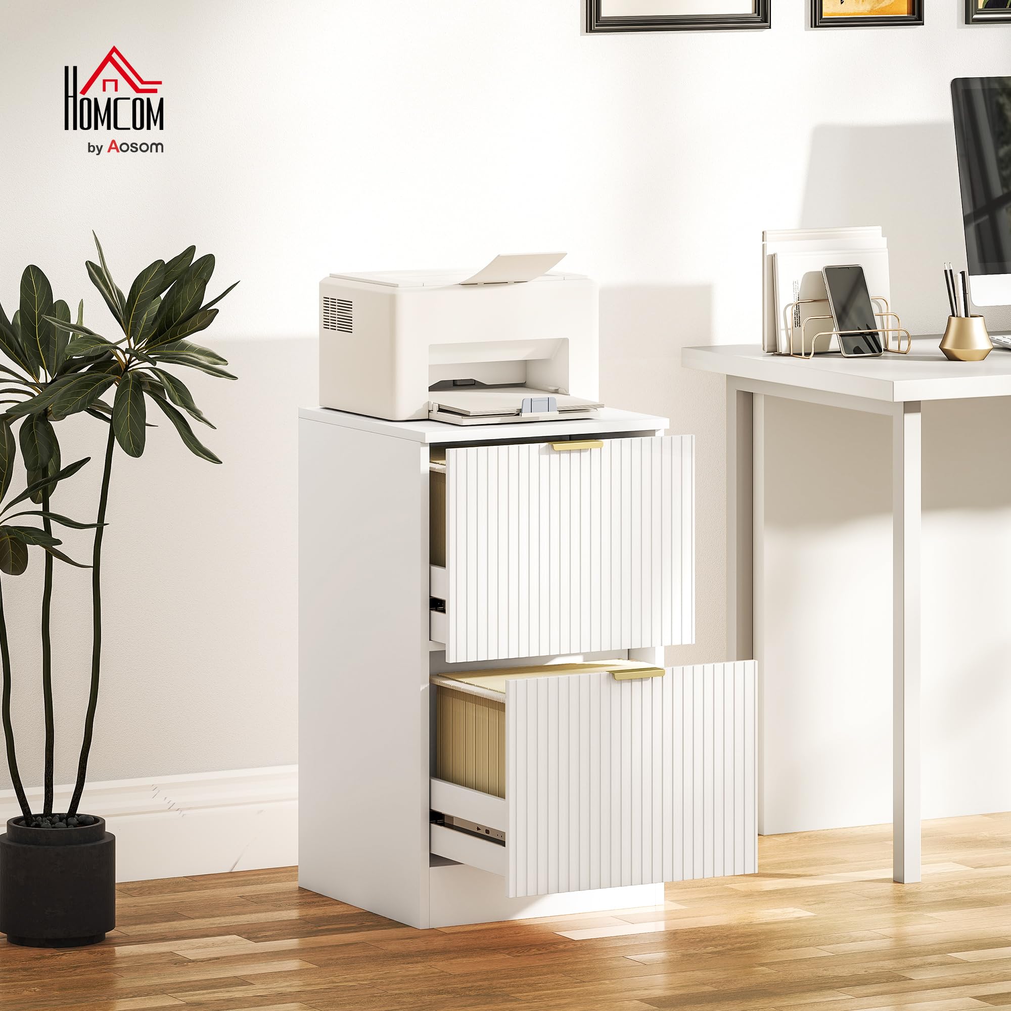 HOMCOM Armoire à tiroirs de Bureau avec 2 tiroirs Armoire à tiroirs de Bureau avec façades rainurées Classeur pour Format A4 ou Lettre pour 40x40x71 cm Blanc