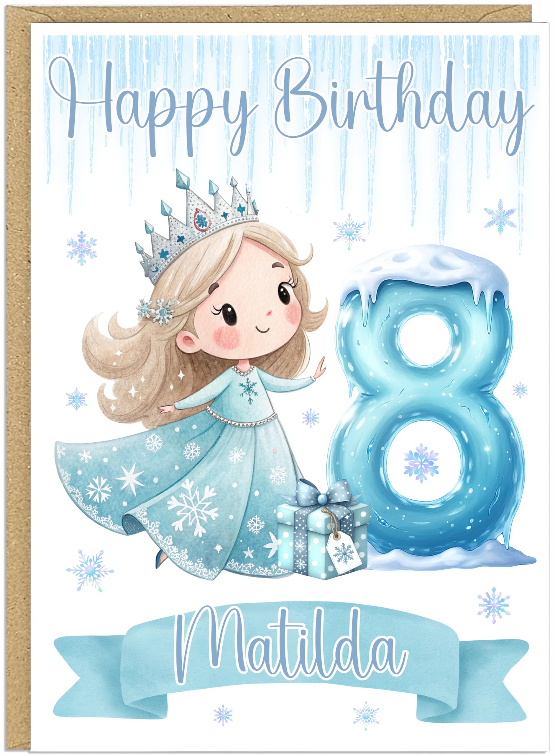 Personalised Winter Princess Happy Birthday Card with Age 1-9 - Custom Own Name & Own Age Number Balloon Blonde Ice Queen Crown Gifts A5 Greetings Card For Little Girls (Number 8)