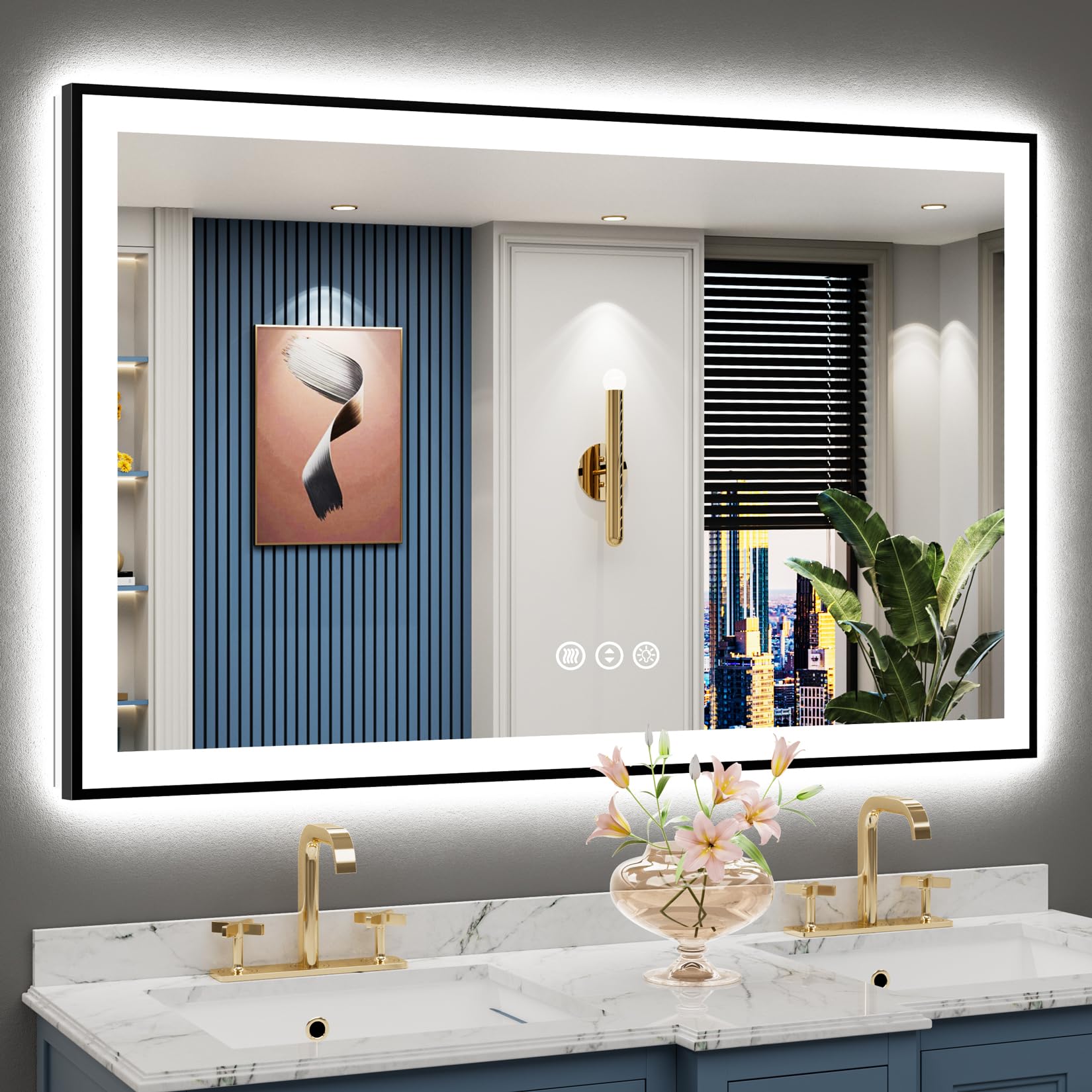 50x32 Black Framed LED Bathroom Mirror with Lights, Backlit and Front Lit Anti-Fog Lighted Vanity Mirror for Bathroom Wall, Dimmable, 3 Colors, Memory, Shatter-Proof, HD Tempered Glass, CRI 95
