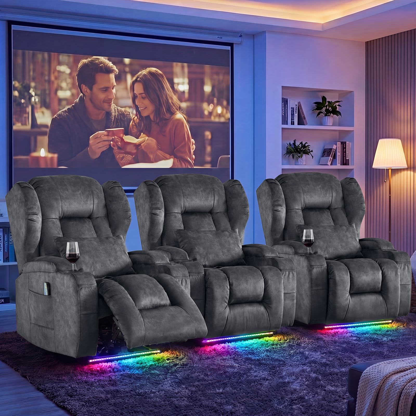 Oprisen Wall Hugger Power Recliner Chair Set of 3, Overstuffed Home Theater Seating w/Heat Massage Electric Movie Gaming Sofa Reclining Sleeper Chair with LED Light/Lumbar Pillow/Cup Holders