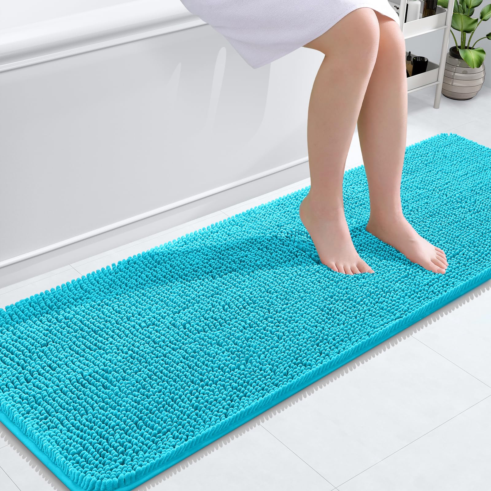 OLANLY Bathroom Runner Rugs 59x20, Extra Soft Absorbent Chenille Bath Rugs | Aqua Sky, Quick-Drying Rubber Backing, Washable Long Bath Mat for Bathroom Floor, Tub and Shower, Home Decor Accessories